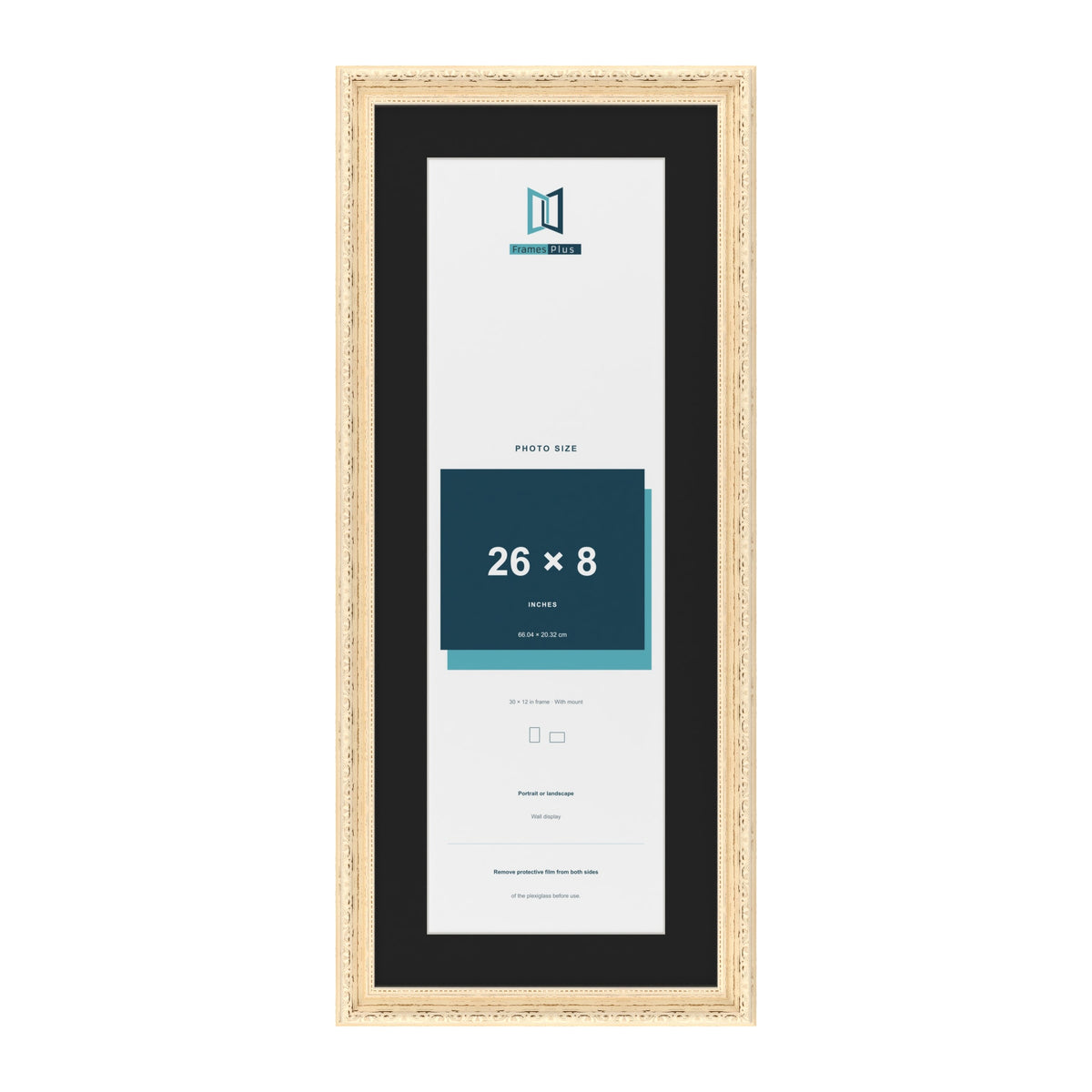 Louis Cream 30 x 12 inch picture frame with a black mount for a 26 x 8 inch photo