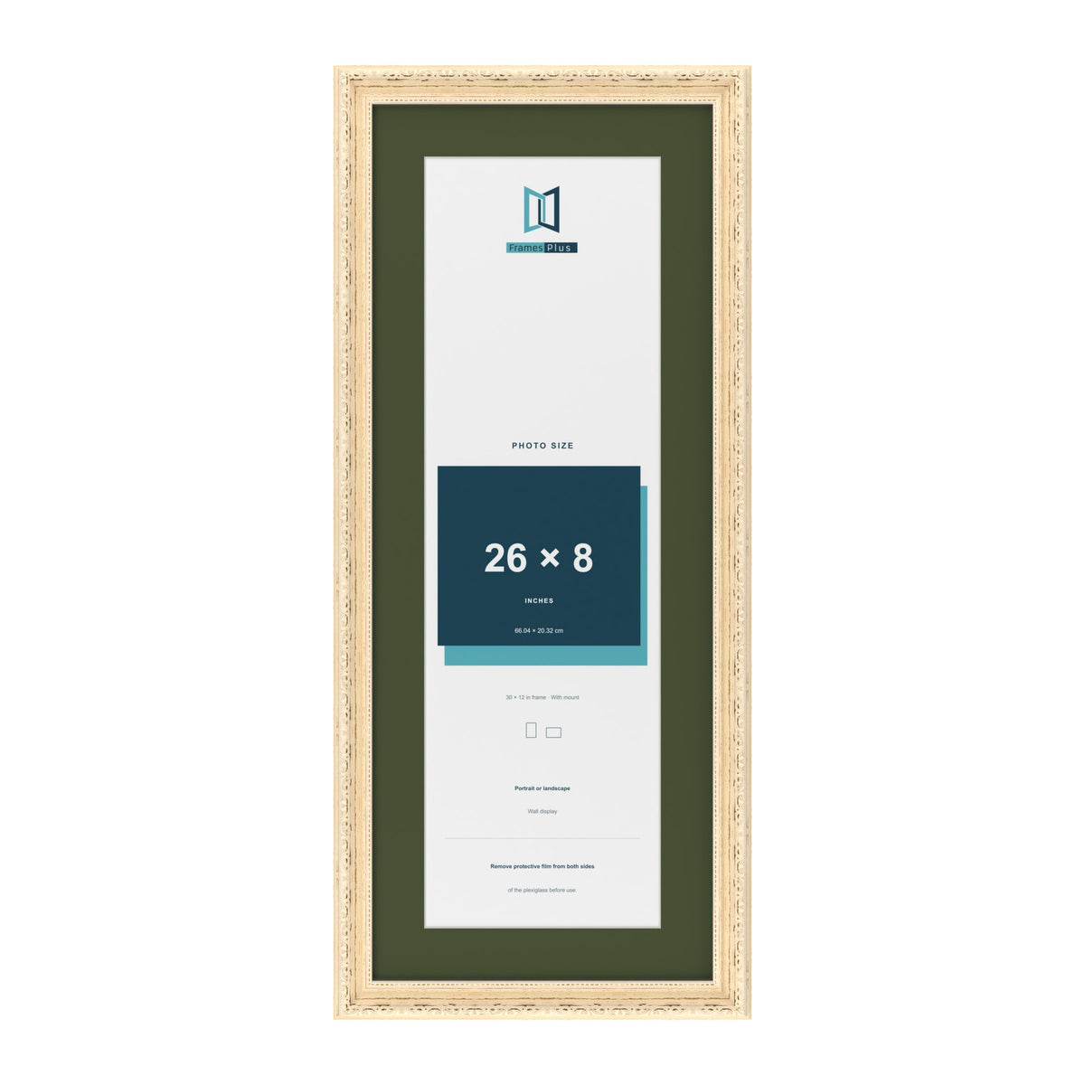 Louis Cream 30 x 12 inch picture frame with a green mount for a 26 x 8 inch photo