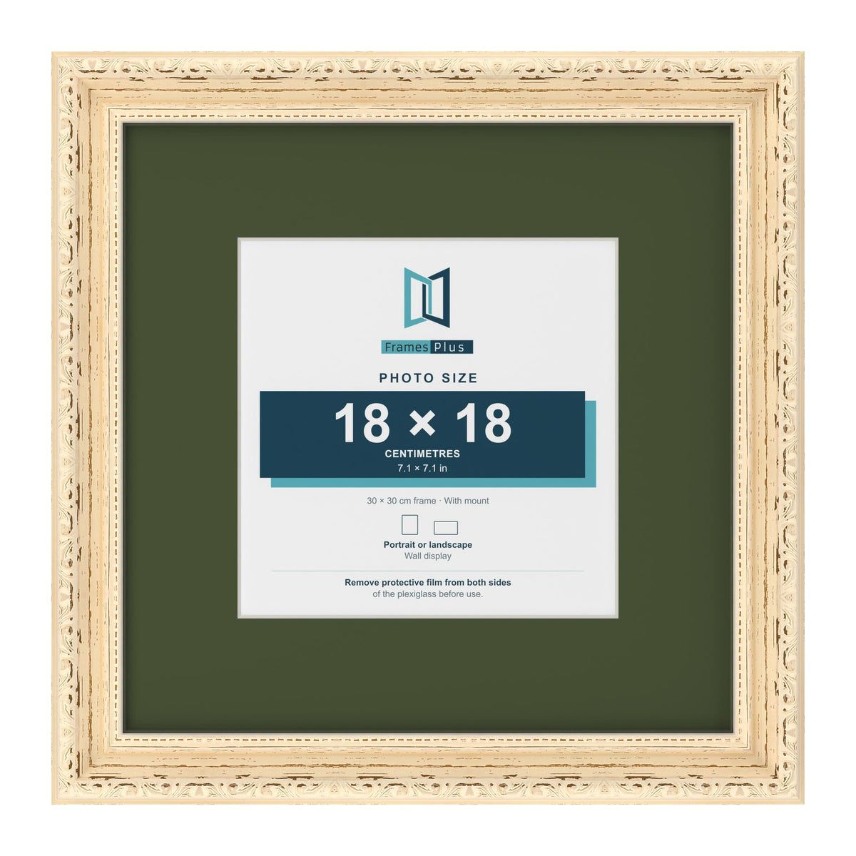 Louis Cream 30 x 30 cm picture frame with a green mount for an 18 x 18 cm photo