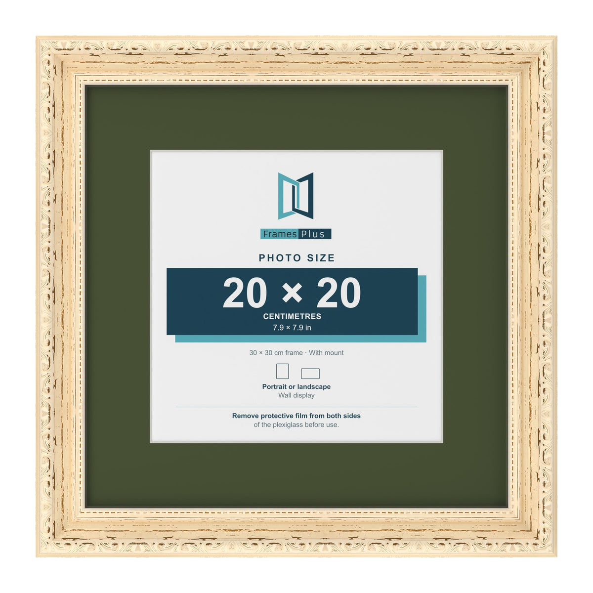 Louis Cream 30 x 30 cm picture frame with a green mount for a 20 x 20 cm photo