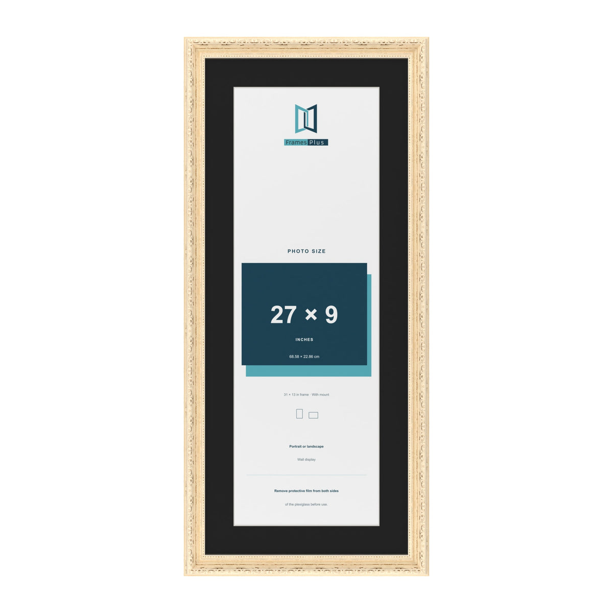 Louis Cream 31 x 13 inch picture frame with a black mount for a 27 x 9 inch photo