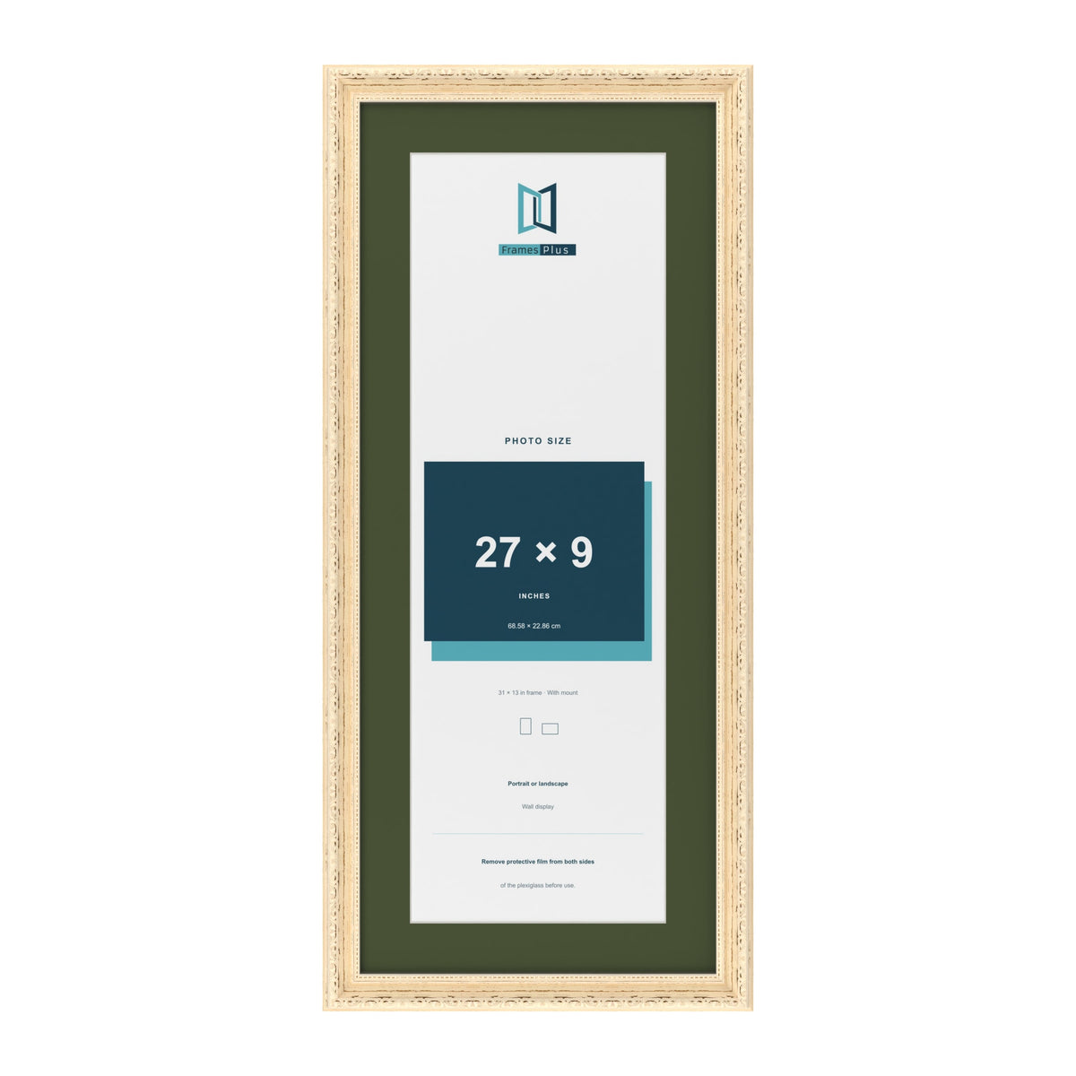 Louis Cream 31 x 13 inch picture frame with a green mount for a 27 x 9 inch photo