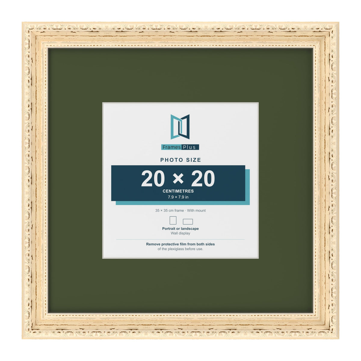 Louis Cream 35 x 35 cm picture frame with a green mount for a 20 x 20 cm photo