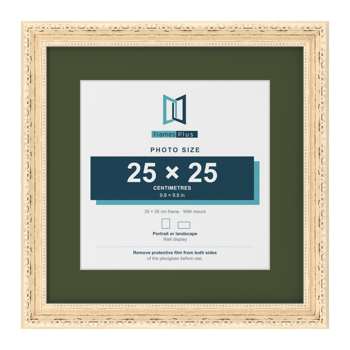 Louis Cream 35 x 35 cm picture frame with a green mount for a 25 x 25 cm photo