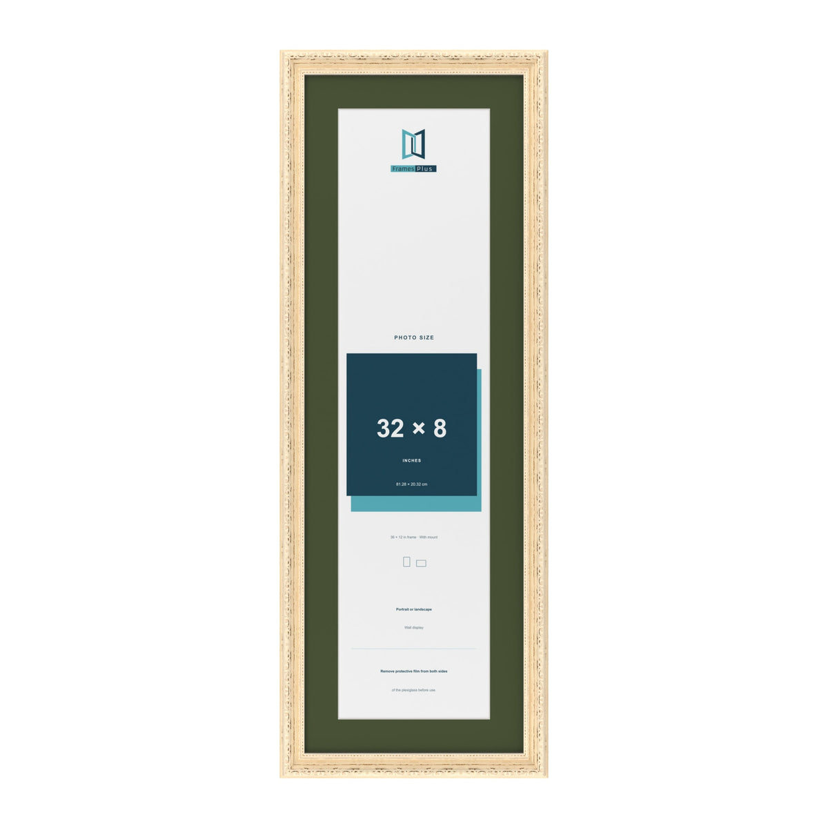 Louis Cream 36 x 12 inch picture frame with a green mount for a 32 x 8 inch photo