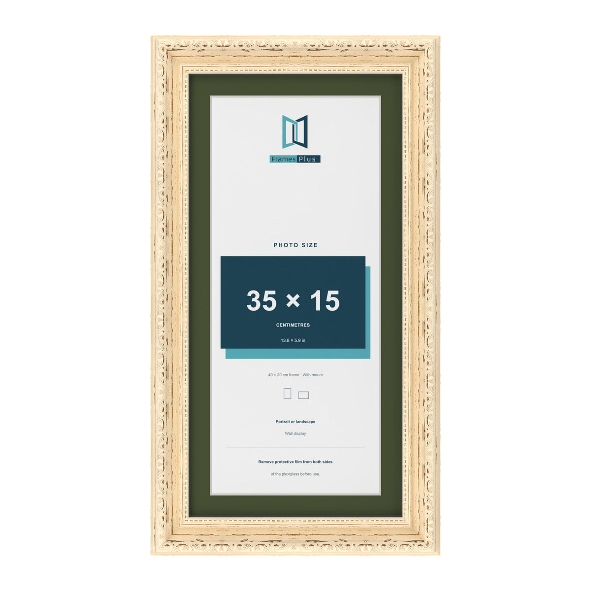 Louis Cream 40 x 20 cm picture frame with a green mount for a 35 x 15 cm photo