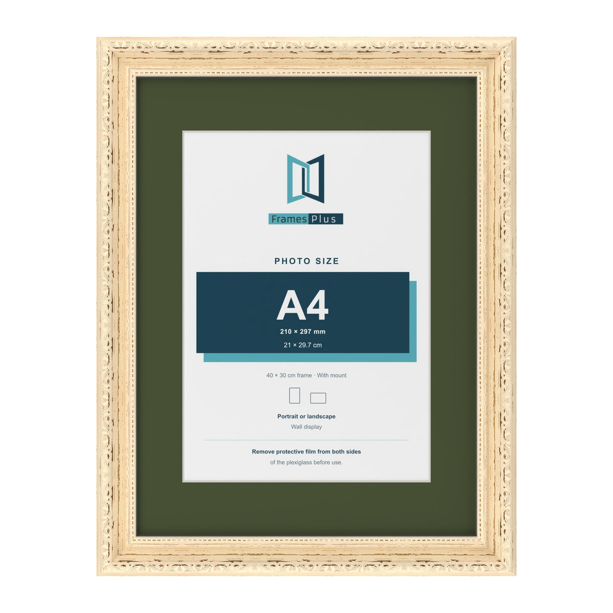 Louis Cream 40 x 30 cm picture frame with a green mount for an A4 photo