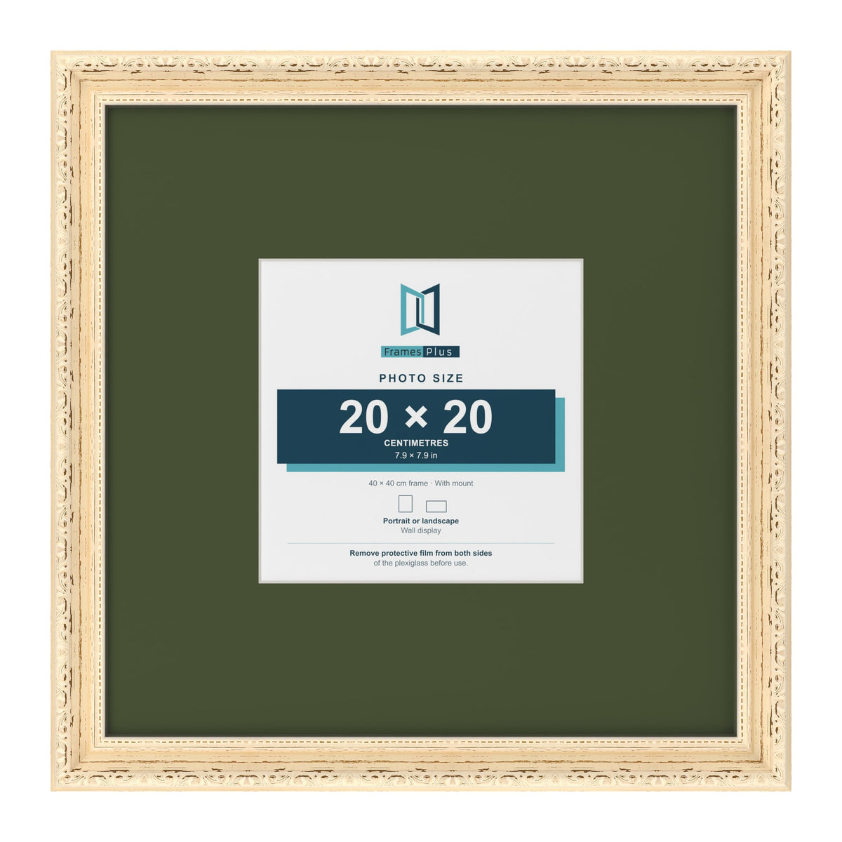 Louis Cream 40 x 40 cm picture frame with a green mount for a 20 x 20 cm photo