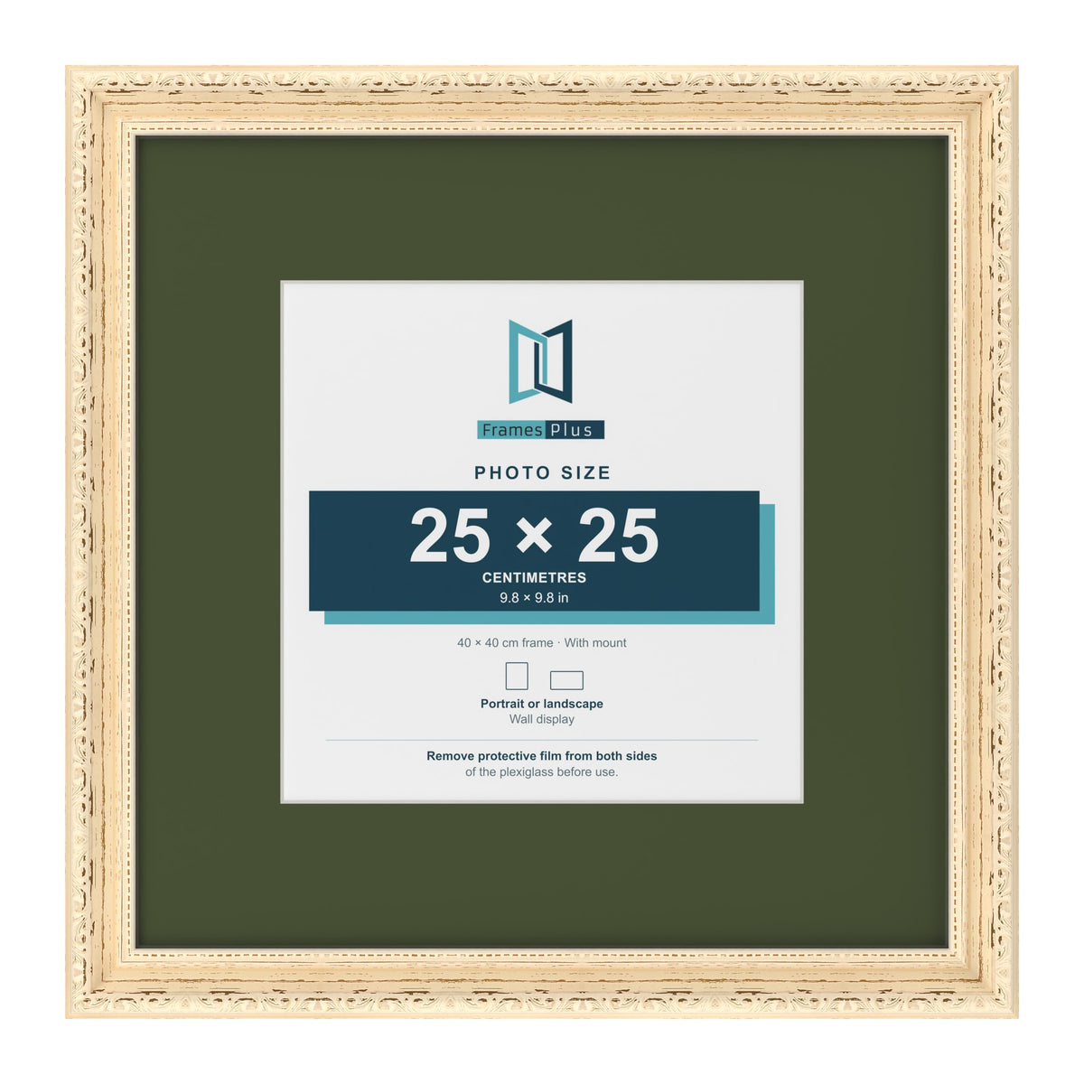 Louis Cream 40 x 40 cm picture frame with a green mount for a 25 x 25 cm photo