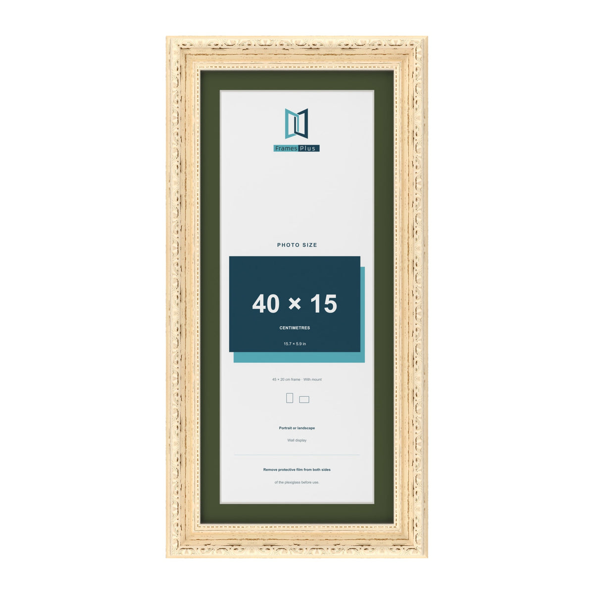 Louis Cream 45 x 20 cm picture frame with a green mount for a 40 x 15 cm photo