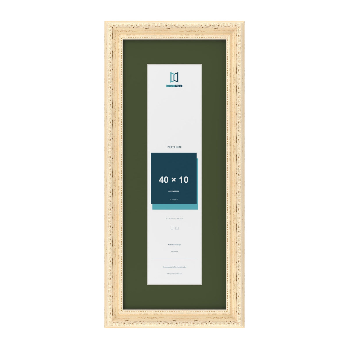 Louis Cream 50 x 20 cm picture frame with a green mount for a 40 x 10 cm photo