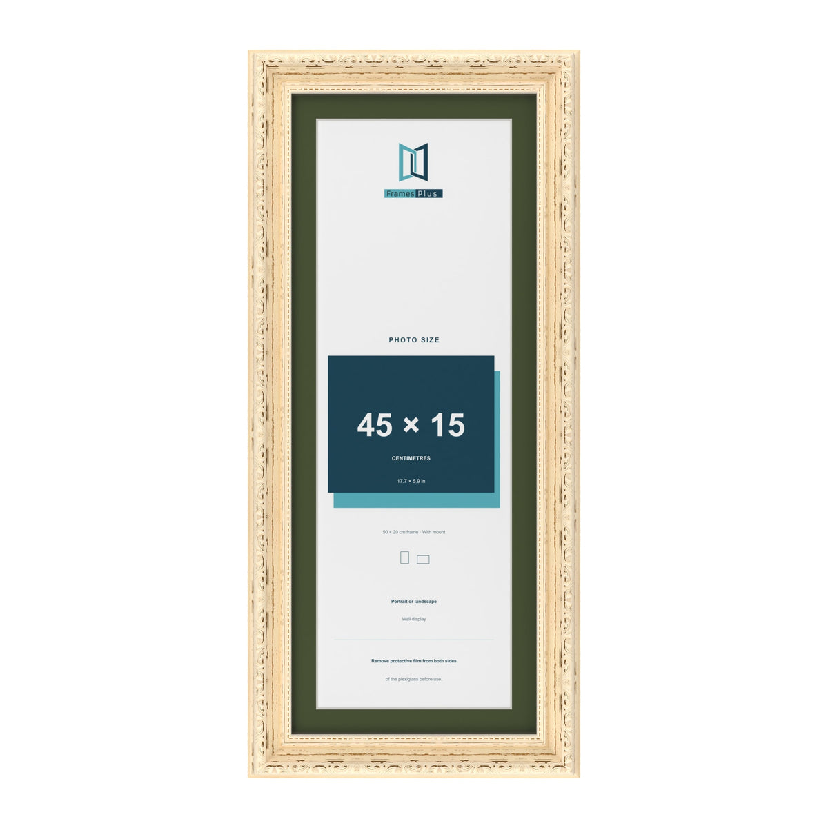 Louis Cream 50 x 20 cm picture frame with a green mount for a 45 x 15 cm photo