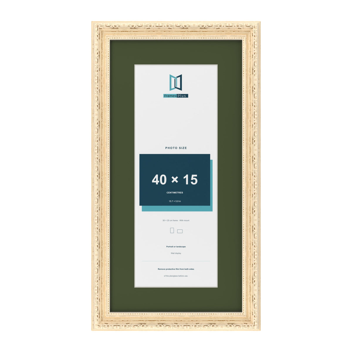 Louis Cream 50 x 25 cm picture frame with a green mount for a 40 x 15 cm photo