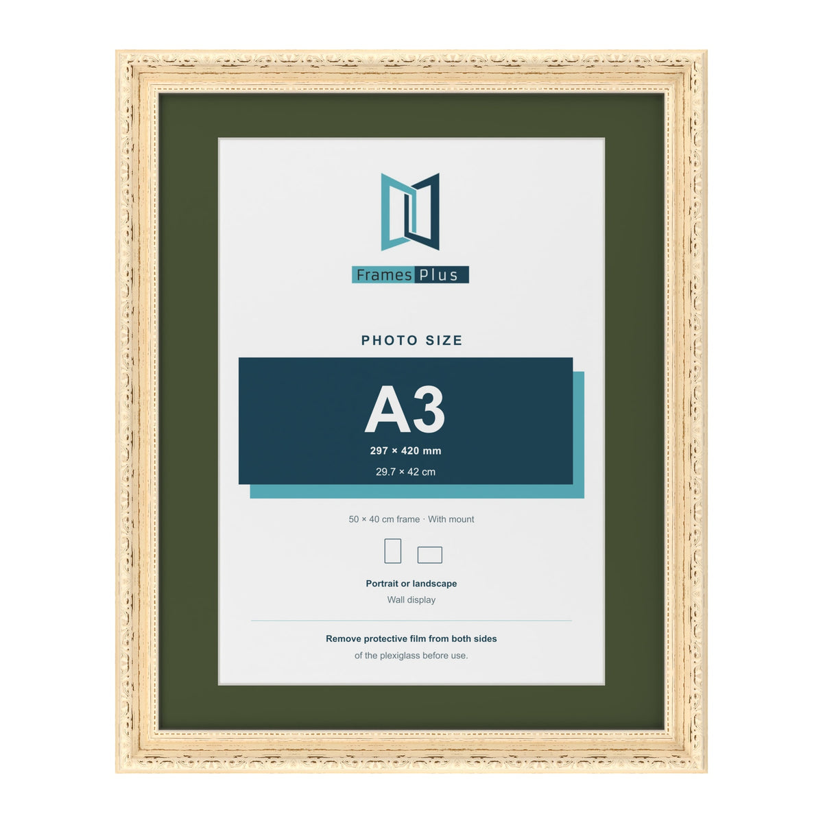 Louis Cream 50 x 40 cm picture frame with a green mount for an A3 photo