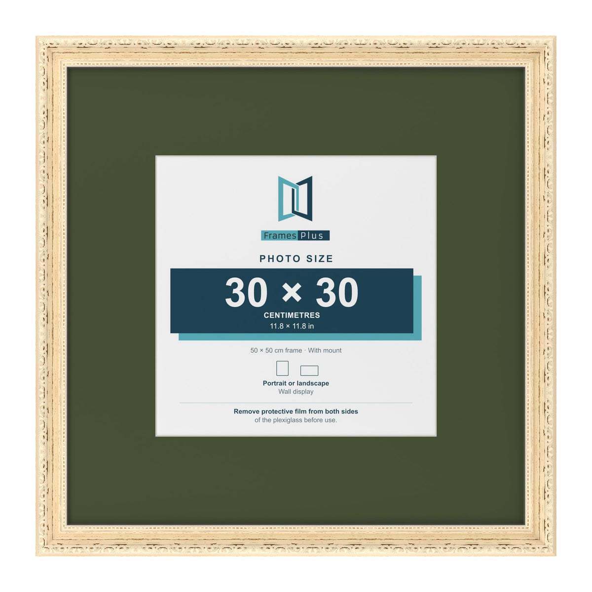 Louis Cream 50 x 50 cm picture frame with a green mount for a 30 x 30 cm photo
