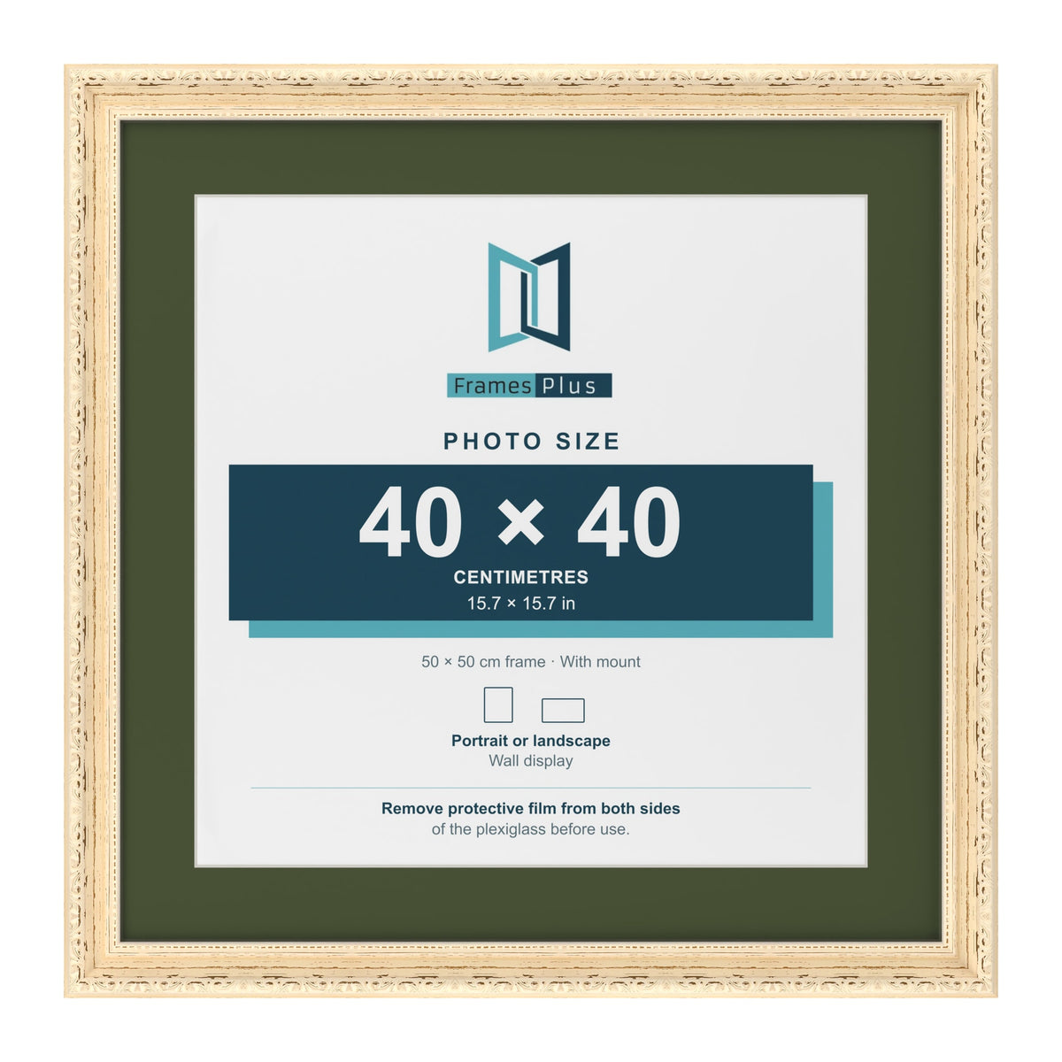 Louis Cream 50 x 50 cm picture frame with a green mount for a 40 x 40 cm photo