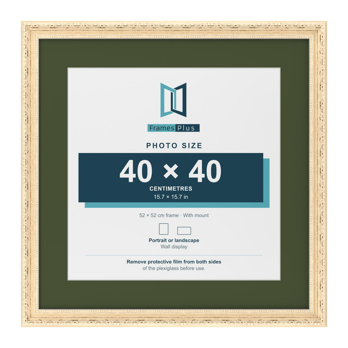Louis Cream 52 x 52 cm picture frame with a green mount for a 40 x 40 cm photo