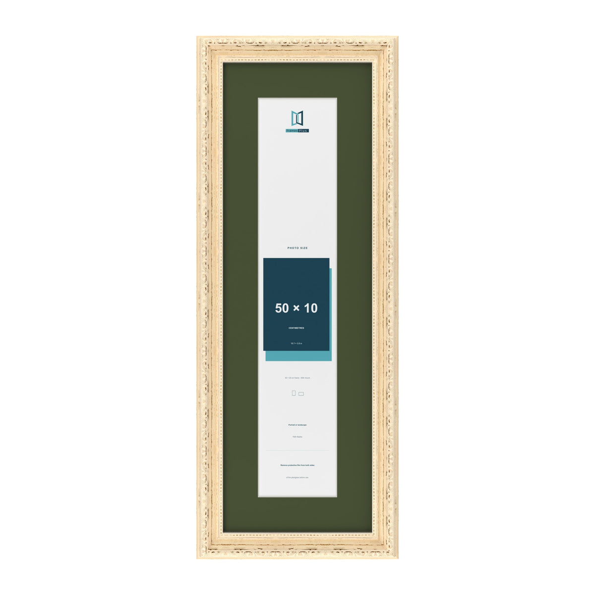 Louis Cream 60 x 20 cm picture frame with a green mount for a 50 x 10 cm photo