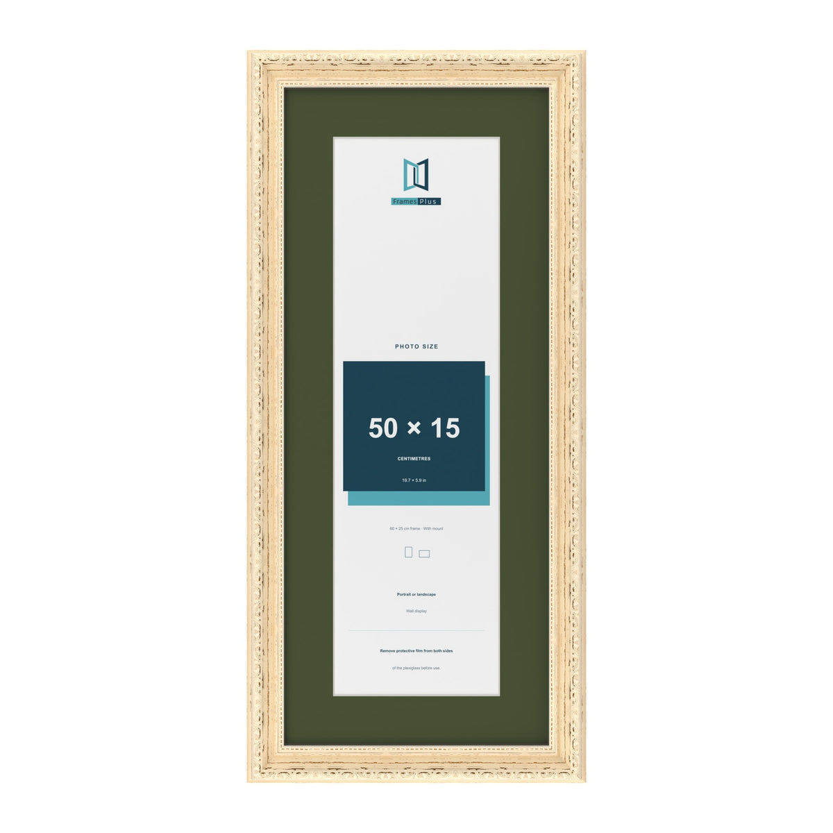 Louis Cream 60 x 25 cm picture frame with a green mount for a 50 x 15 cm photo