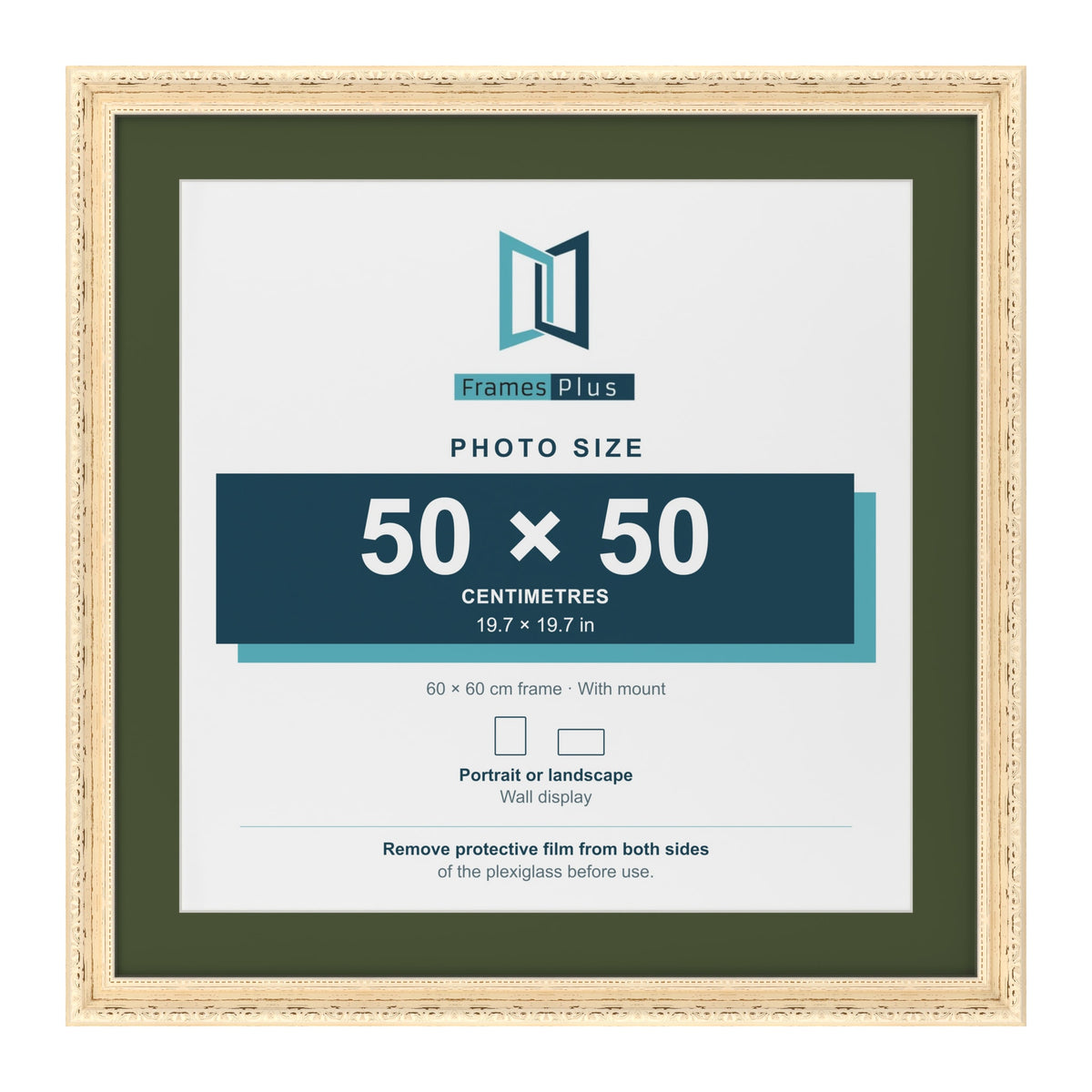 Louis Cream 60 x 60 cm picture frame with a green mount for a 50 x 50 cm photo