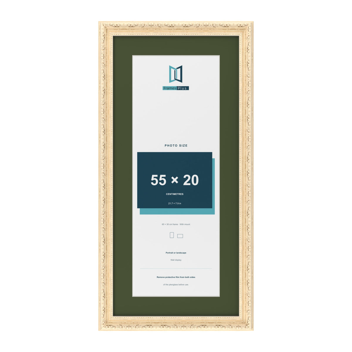 Louis Cream 65 x 30 cm picture frame with a green mount for a 55 x 20 cm photo
