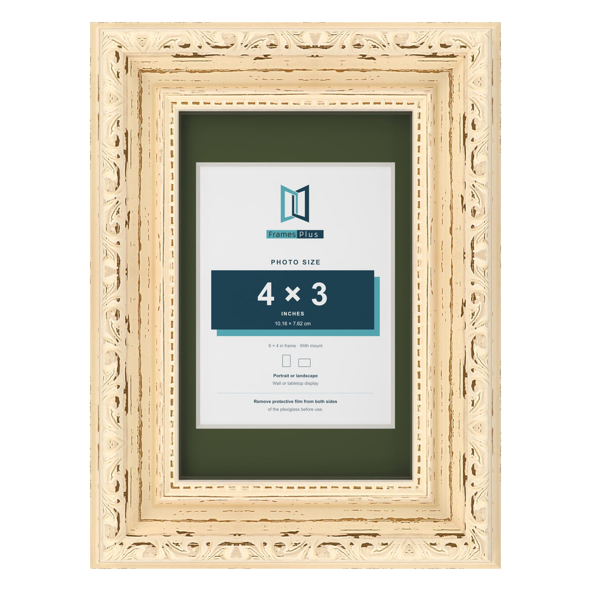 Louis Cream 6 x 4 inch picture frame with a green mount for a 4 x 3 inch photo