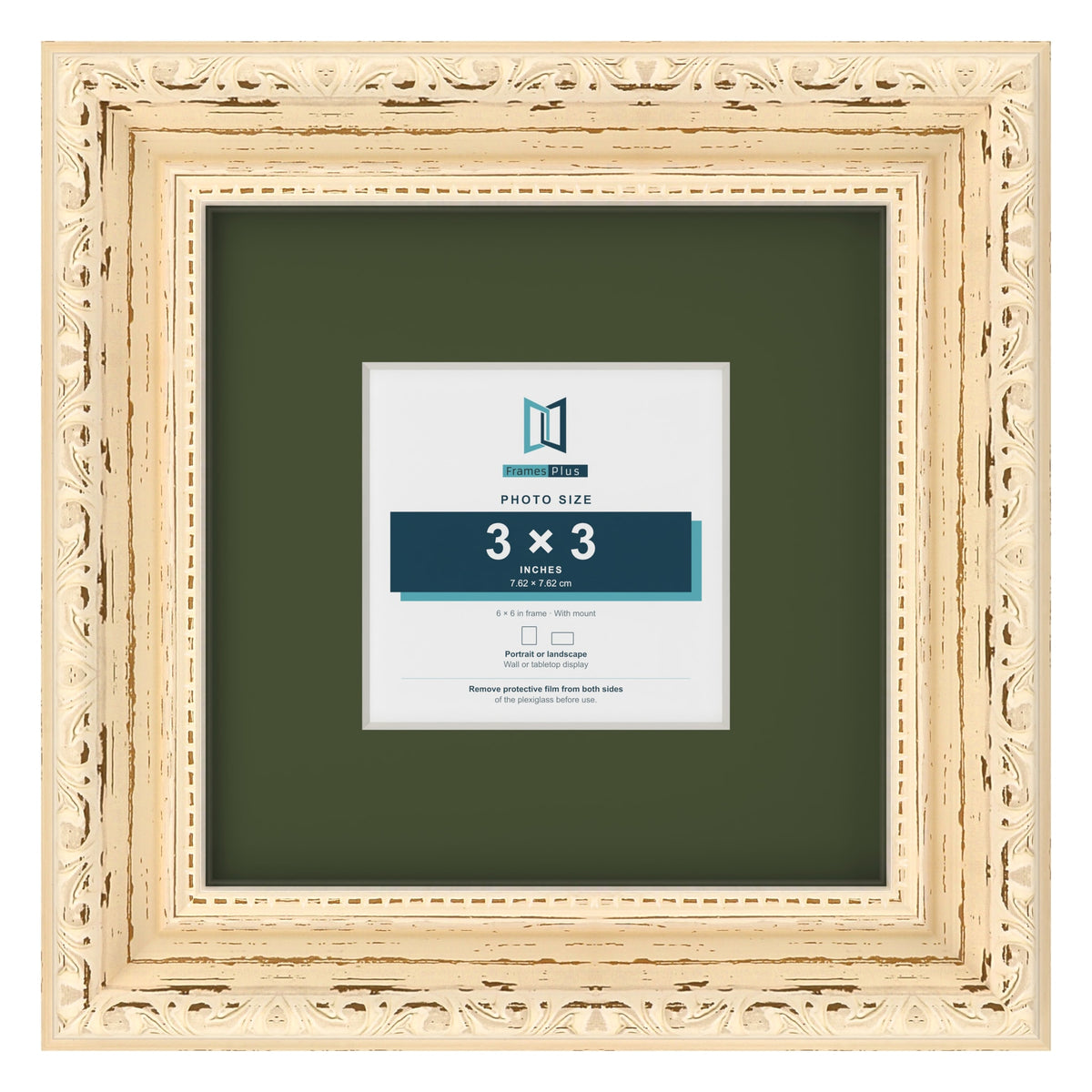 Louis Cream 6 x 6 inch picture frame with a green mount for a 3 x 3 inch photo