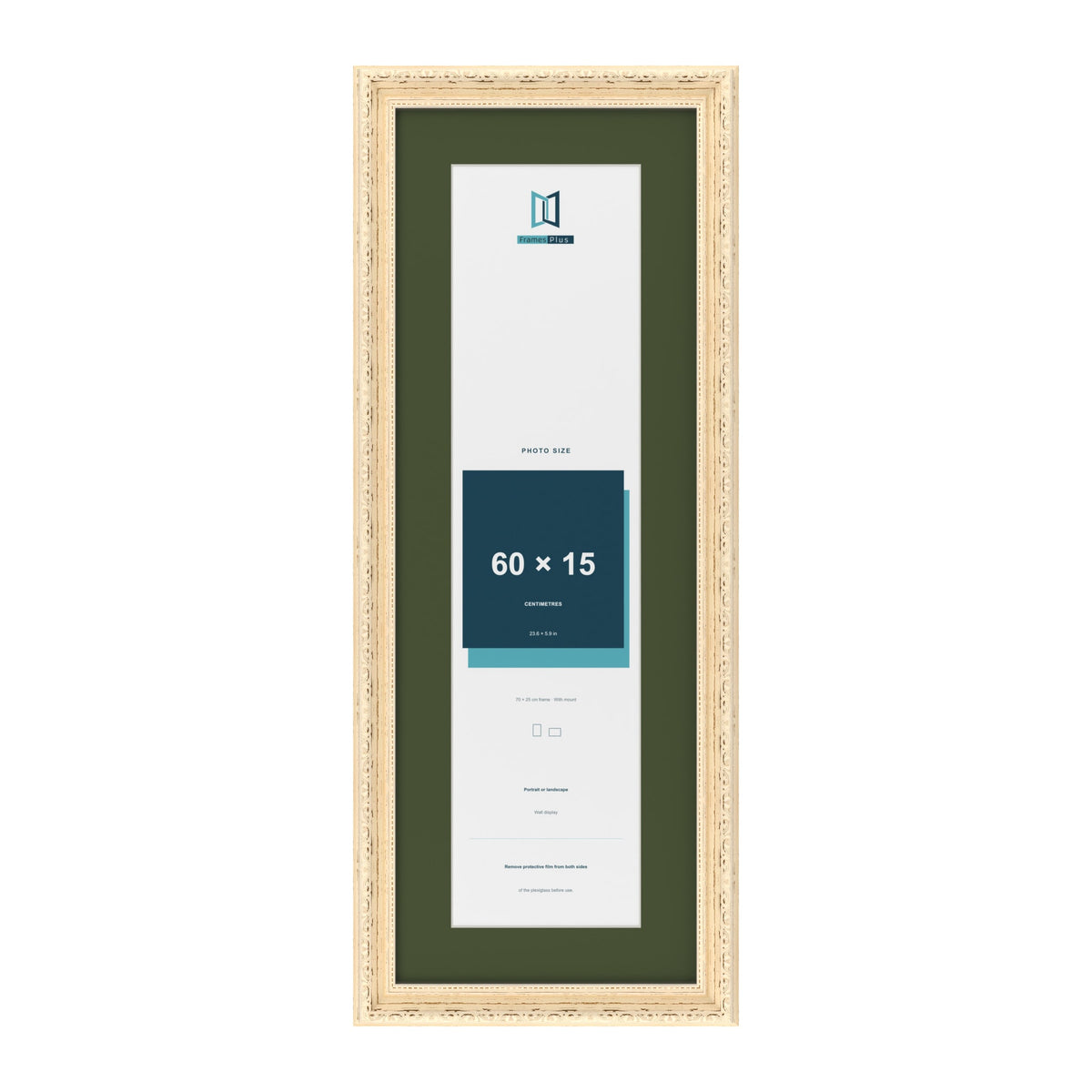 Louis Cream 70 x 25 cm picture frame with a green mount for a 60 x 15 cm photo