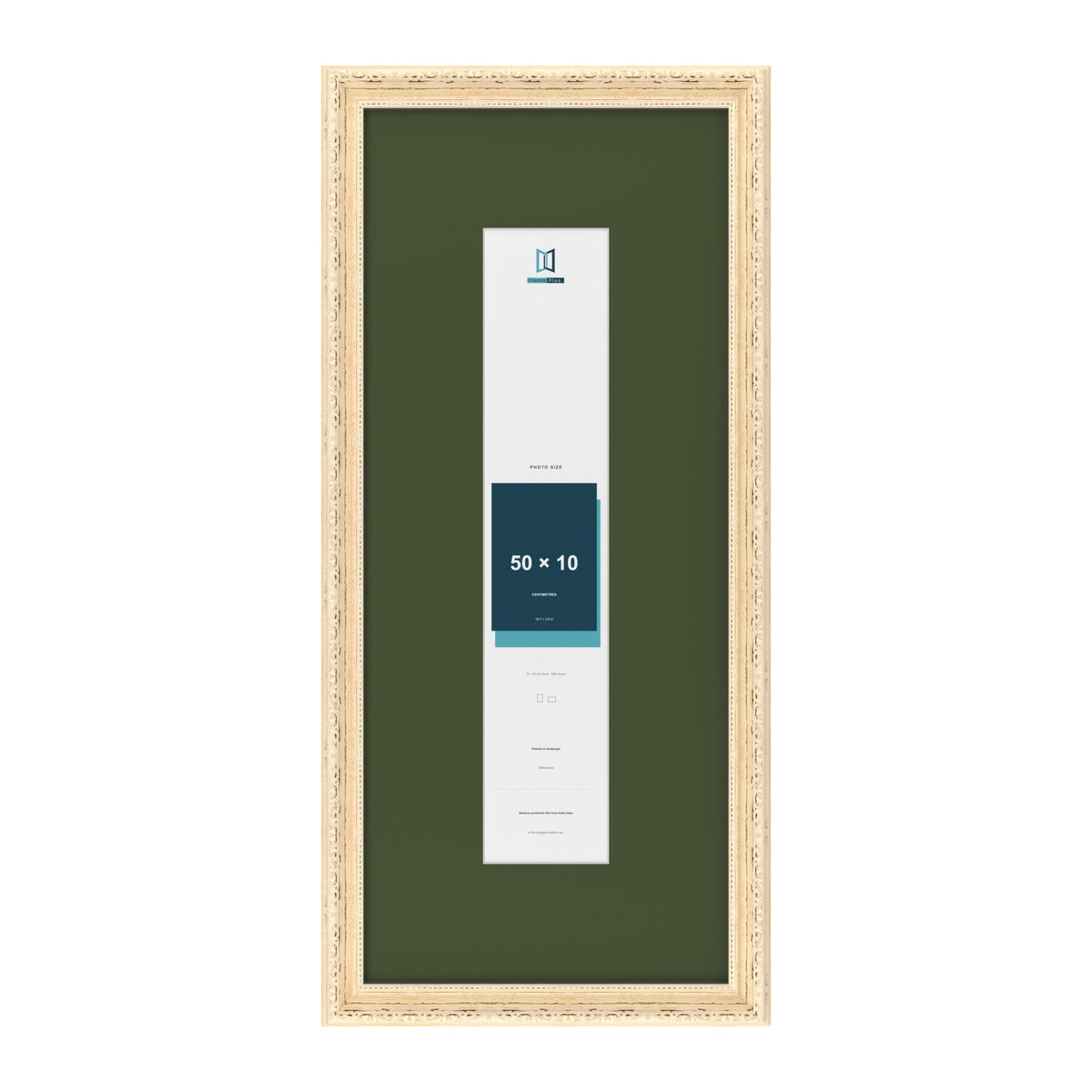 Louis Cream 70 x 30 cm picture frame with a green mount for a 50 x 10 cm photo