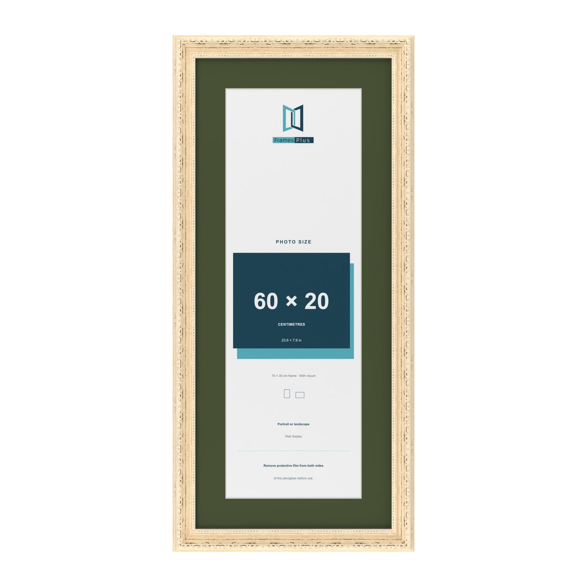 Louis Cream 70 x 30 cm picture frame with a green mount for a 60 x 20 cm photo
