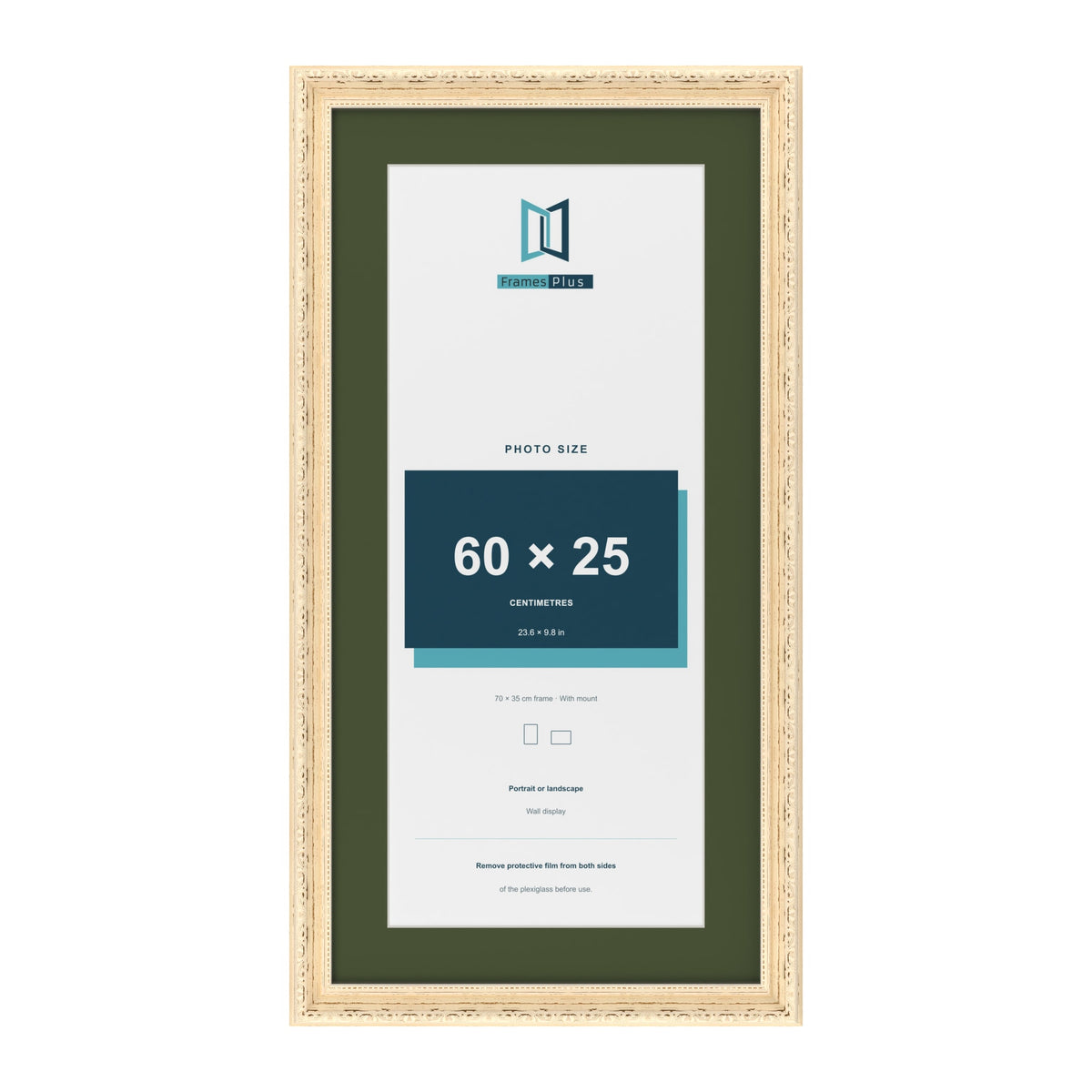 Louis Cream 70 x 35 cm picture frame with a green mount for a 60 x 25 cm photo