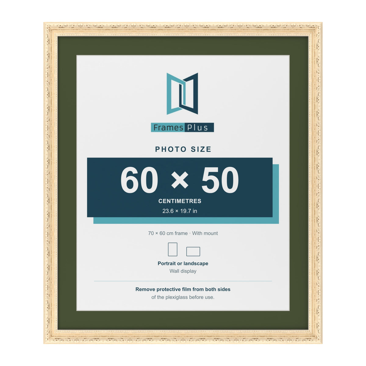 Louis Cream 70 x 60 cm picture frame with a green mount for a 60 x 50 cm photo