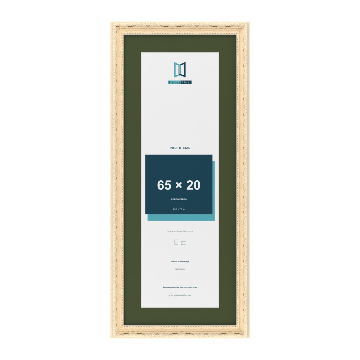 Louis Cream 75 x 30 cm picture frame with a green mount for a 65 x 20 cm photo