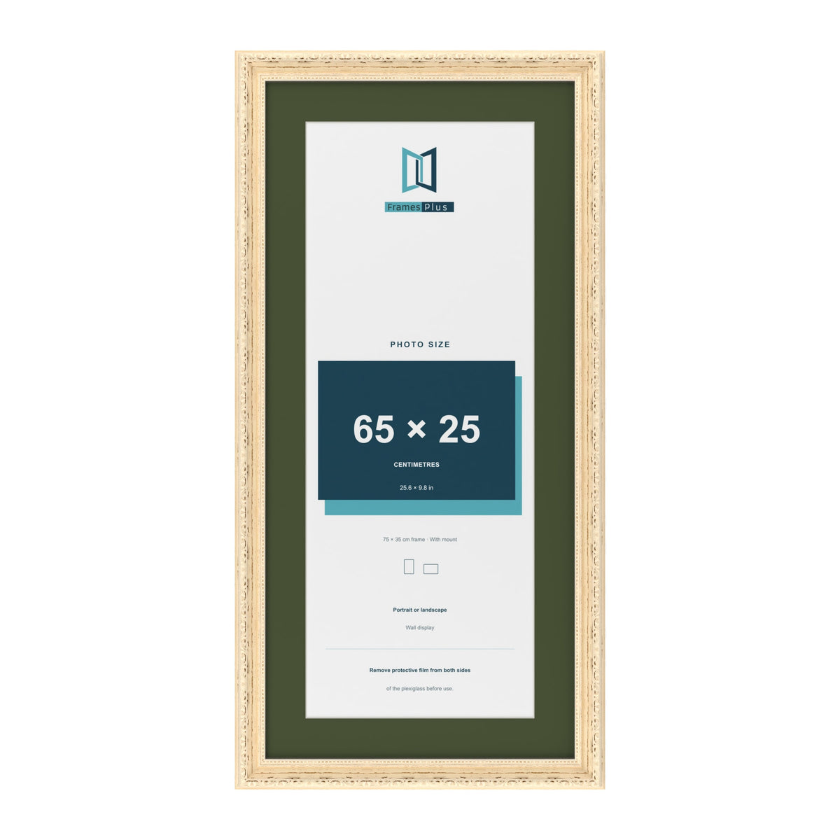 Louis Cream 75 x 35 cm picture frame with a green mount for a 65 x 25 cm photo