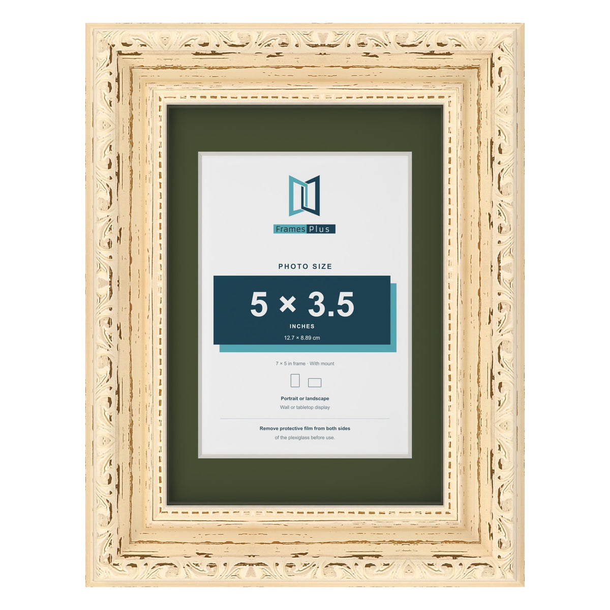 Louis Cream 7 x 5 inch picture frame with a green mount for a 5 x 3.5 inch photo