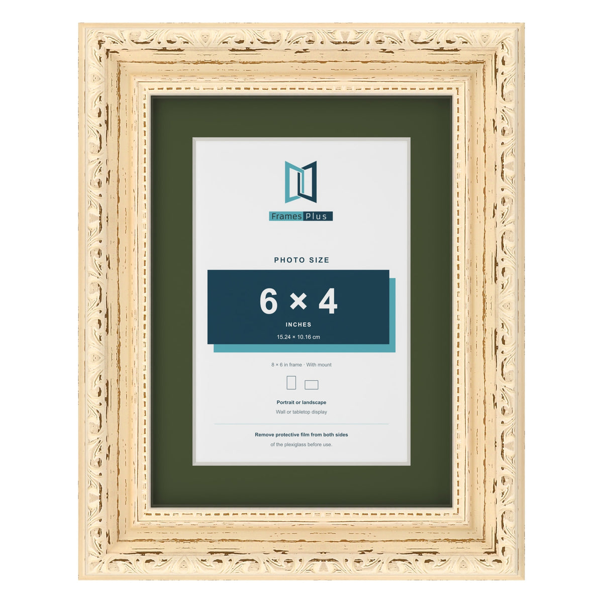 Louis Cream 8 x 6 inch picture frame with a green mount for a 6 x 4 inch photo