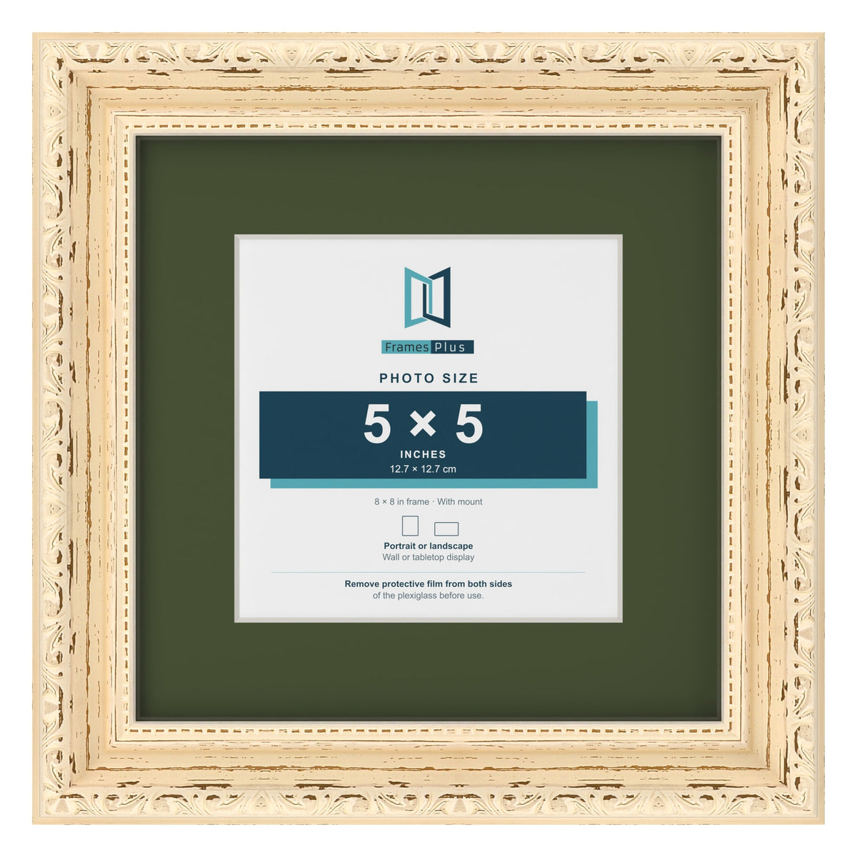 Louis Cream 8 x 8 inch picture frame with a green mount for a 5 x 5 inch photo