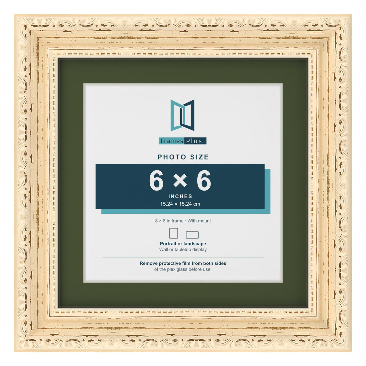 Louis Cream 8 x 8 inch picture frame with a green mount for a 6 x 6 inch photo