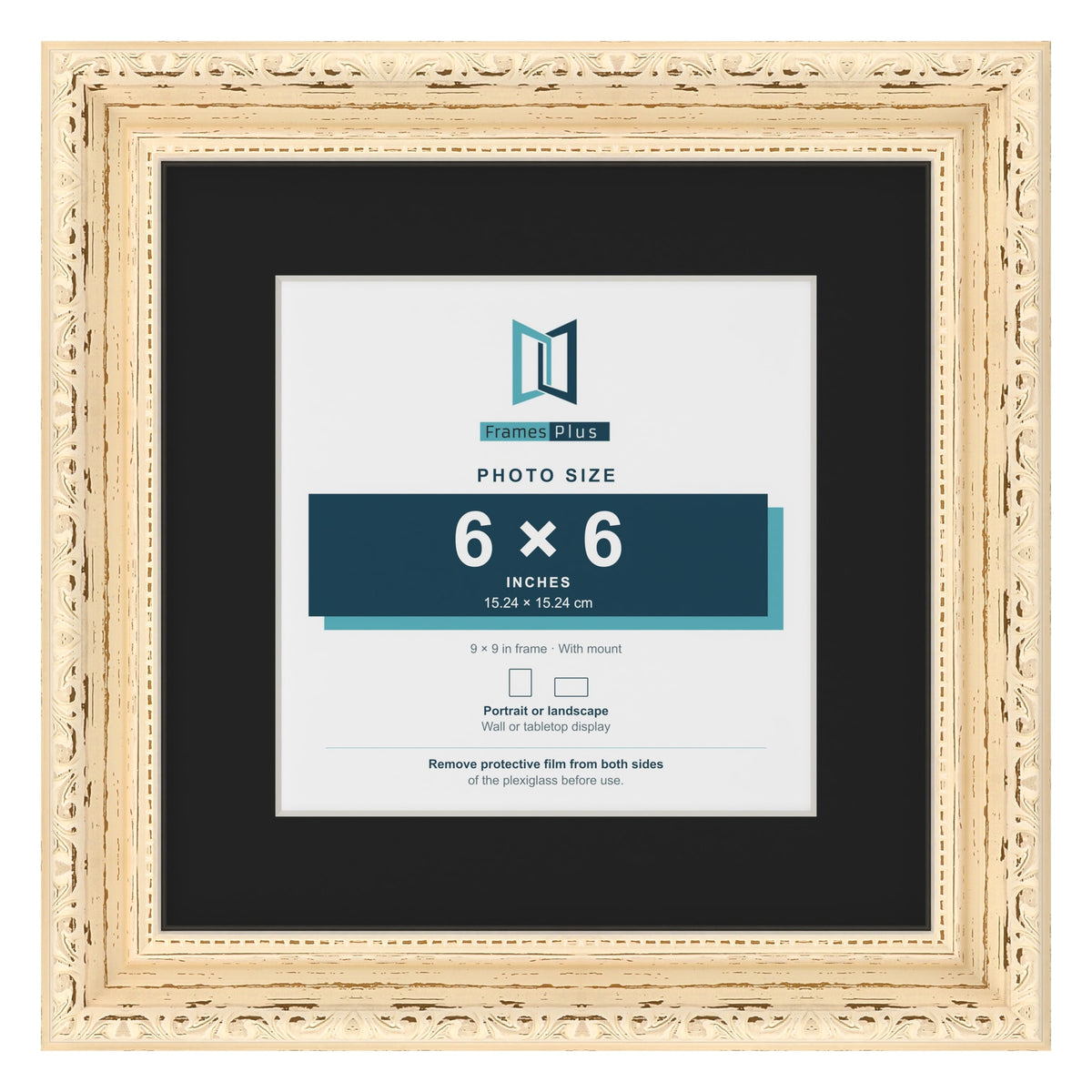 Louis Cream 9 x 9 inch picture frame with a black mount for a 6 x 6 inch photo