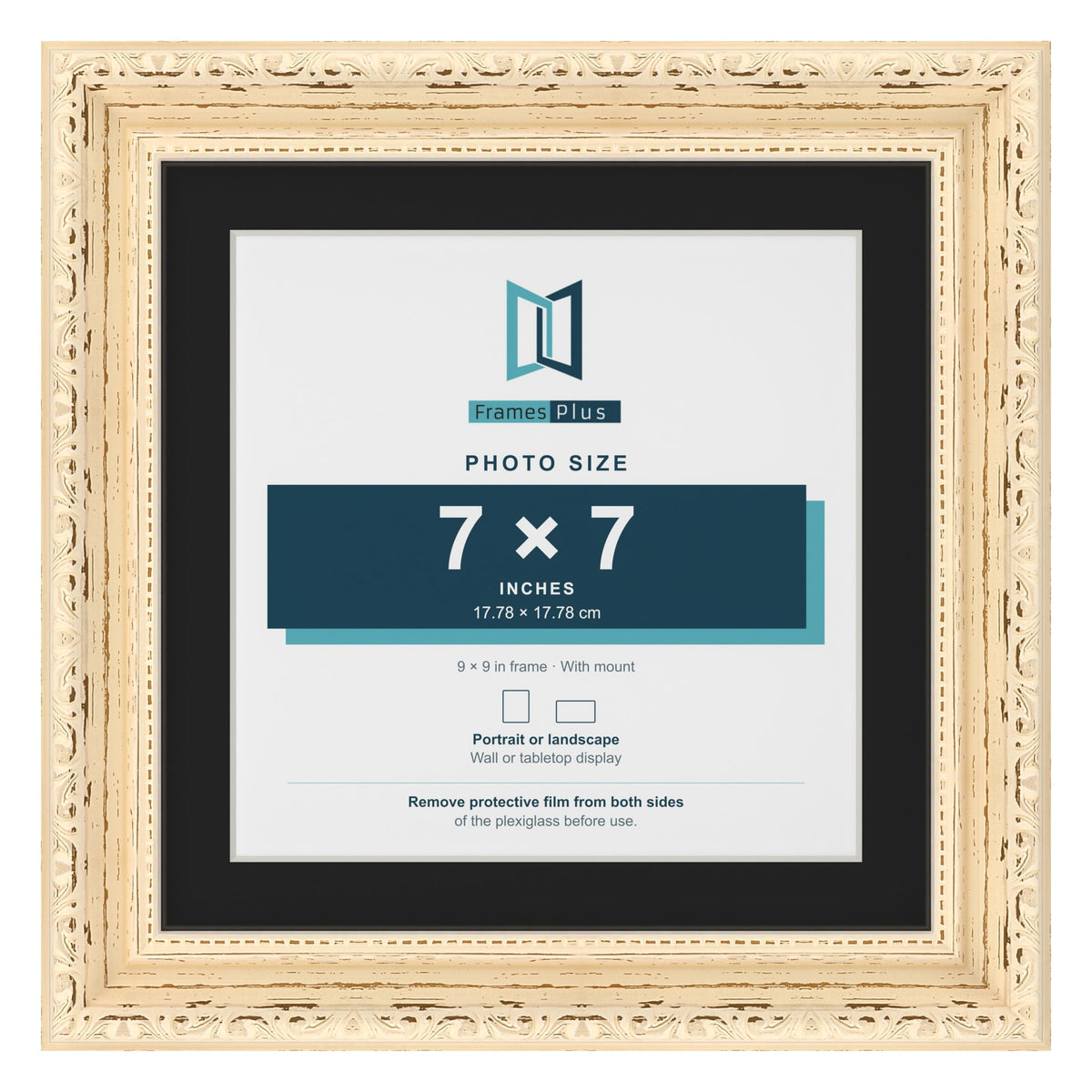 Louis Cream 9 x 9 inch picture frame with a black mount for a 7 x 7 inch photo