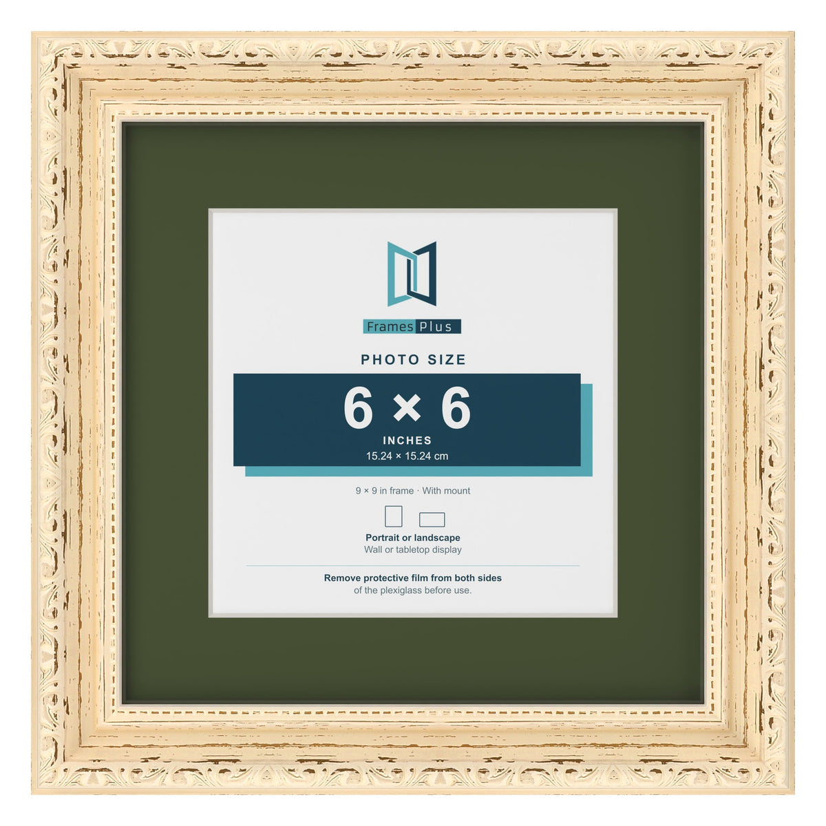 Louis Cream 9 x 9 inch picture frame with a green mount for a 6 x 6 inch photo