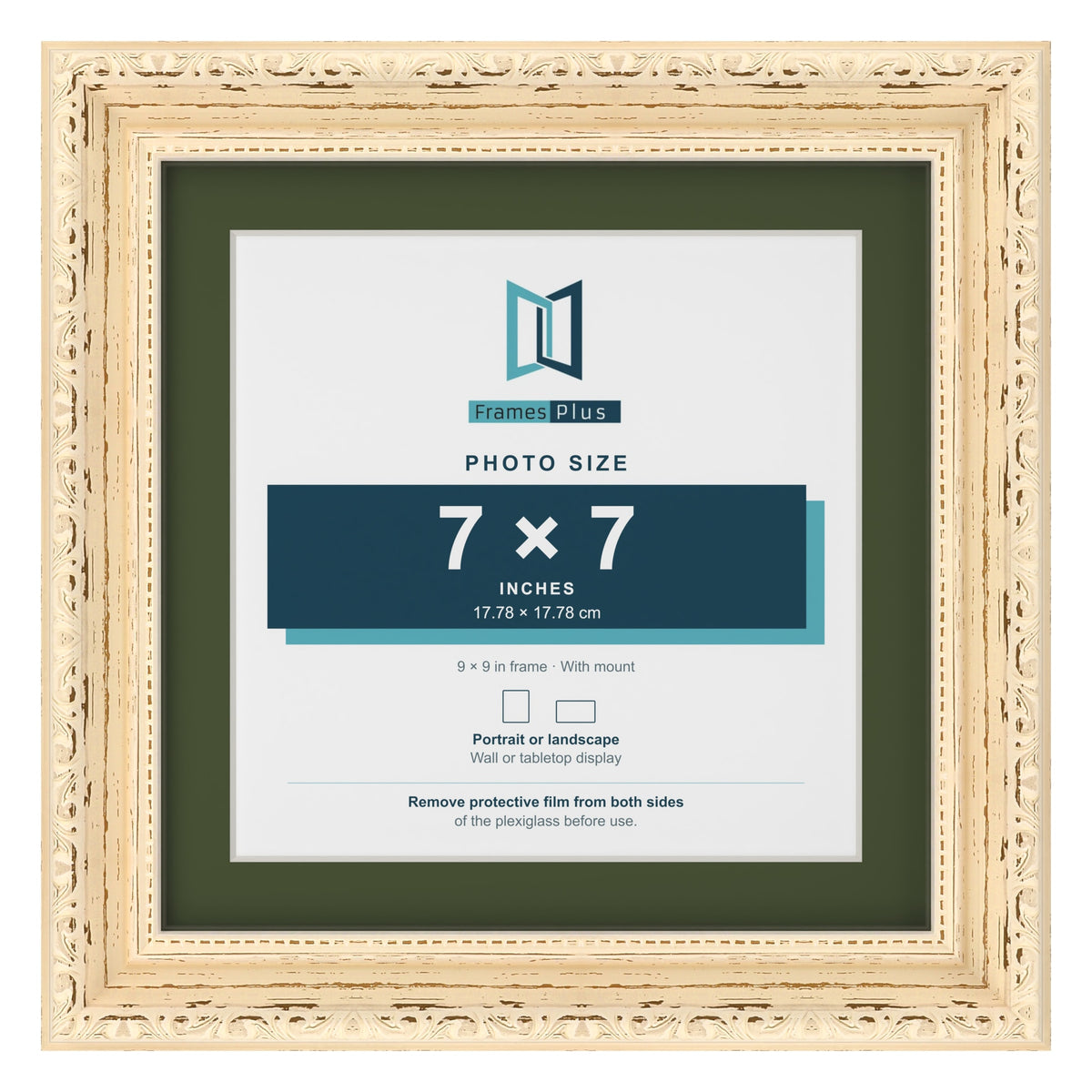Louis Cream 9 x 9 inch picture frame with a green mount for a 7 x 7 inch photo