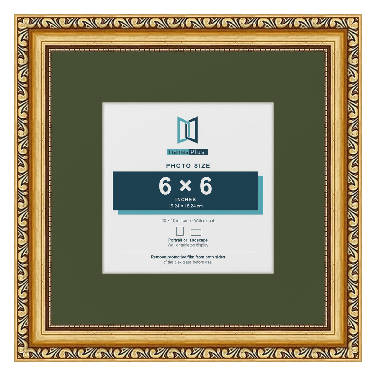 Louis Gold 10 x 10 inch picture frame with a green mount for a 6 x 6 inch photo