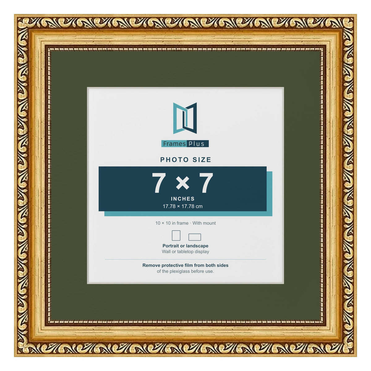 Louis Gold 10 x 10 inch picture frame with a green mount for a 7 x 7 inch photo