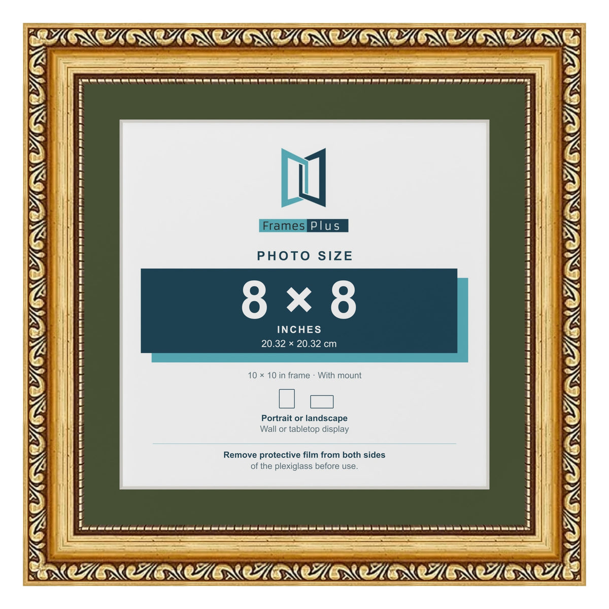 Louis Gold 10 x 10 inch picture frame with a green mount for an 8 x 8 inch photo