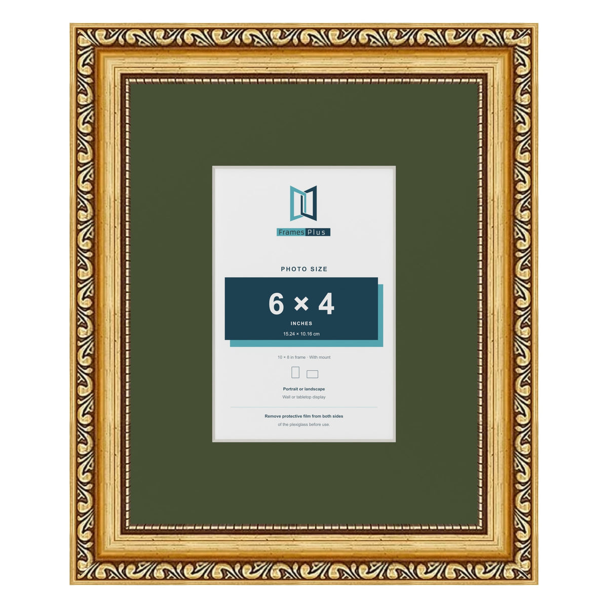 Louis Gold 10 x 8 inch picture frame with a green mount for a 6 x 4 inch photo