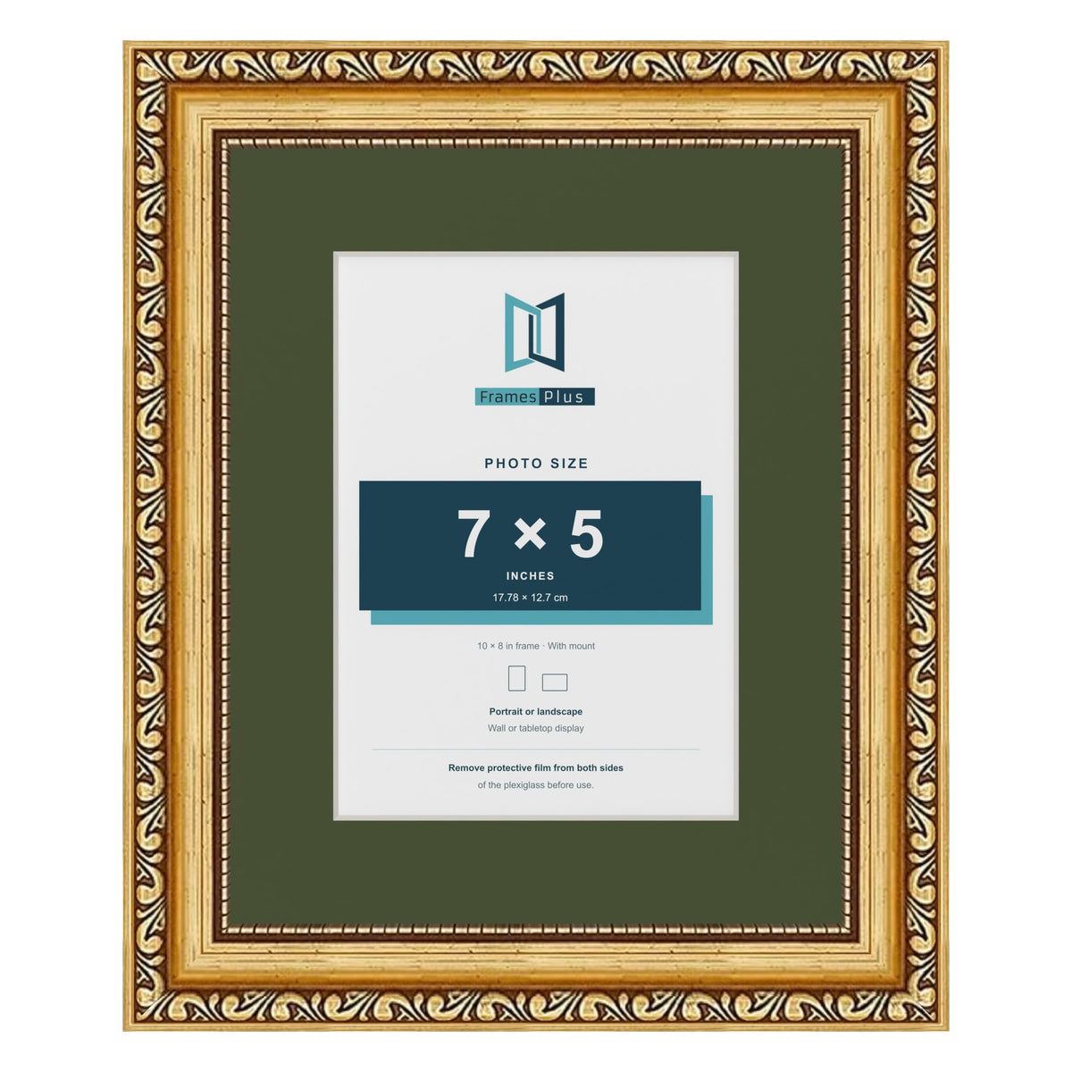 Louis Gold 10 x 8 inch picture frame with a green mount for a 7 x 5 inch photo