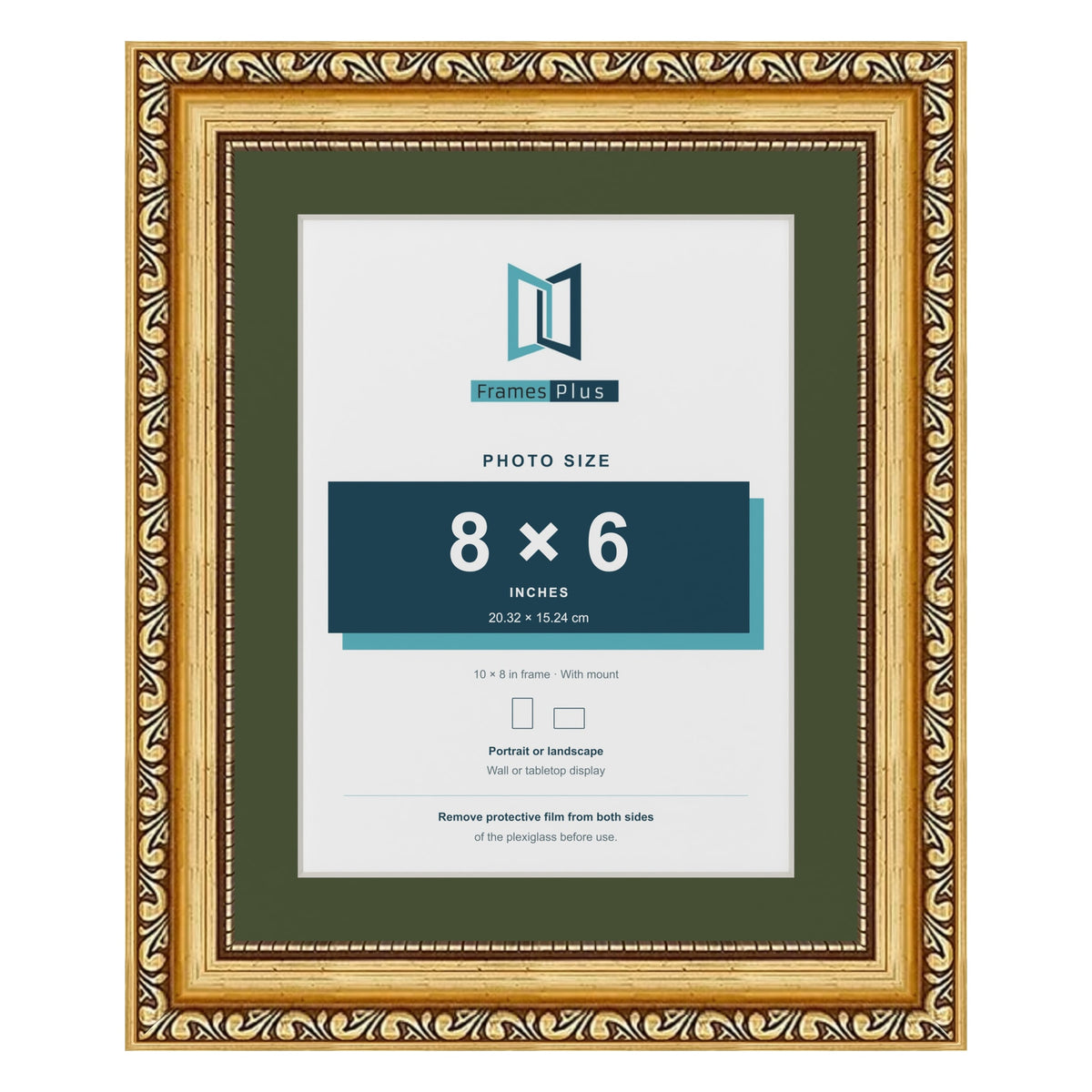 Louis Gold 10 x 8 inch picture frame with a green mount for an 8 x 6 inch photo