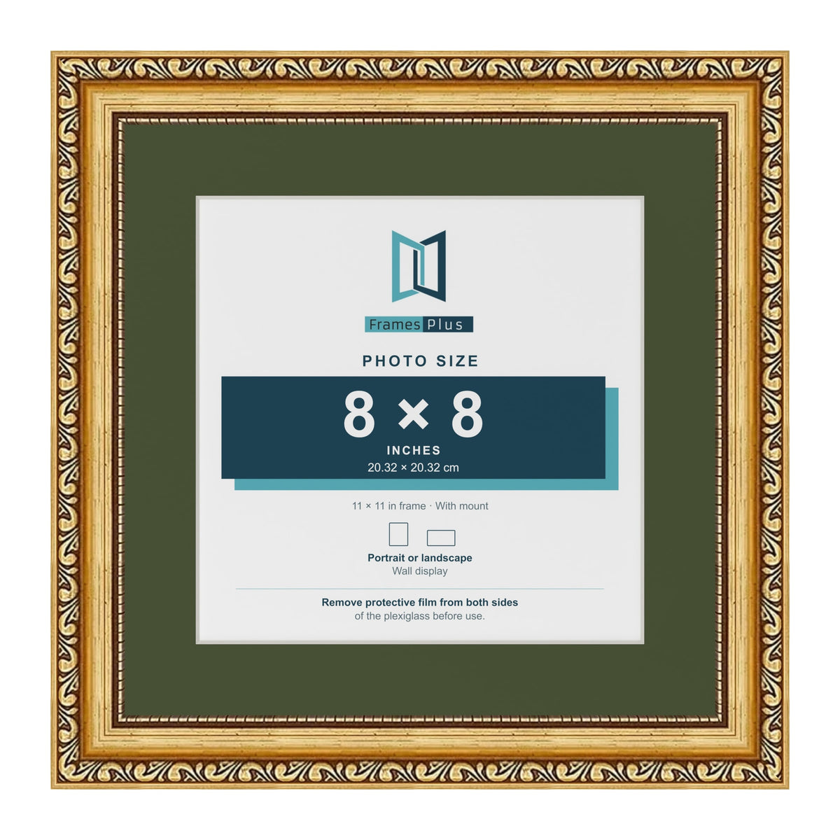 Louis Gold 11 x 11 inch picture frame with a green mount for an 8 x 8 inch photo