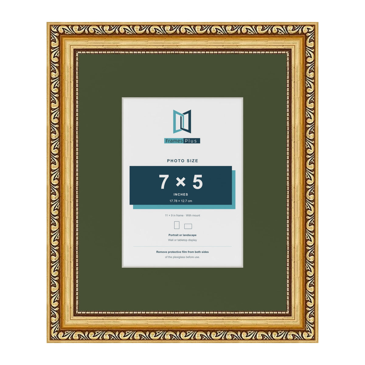Louis Gold 11 x 9 inch picture frame with a green mount for a 7 x 5 inch photo